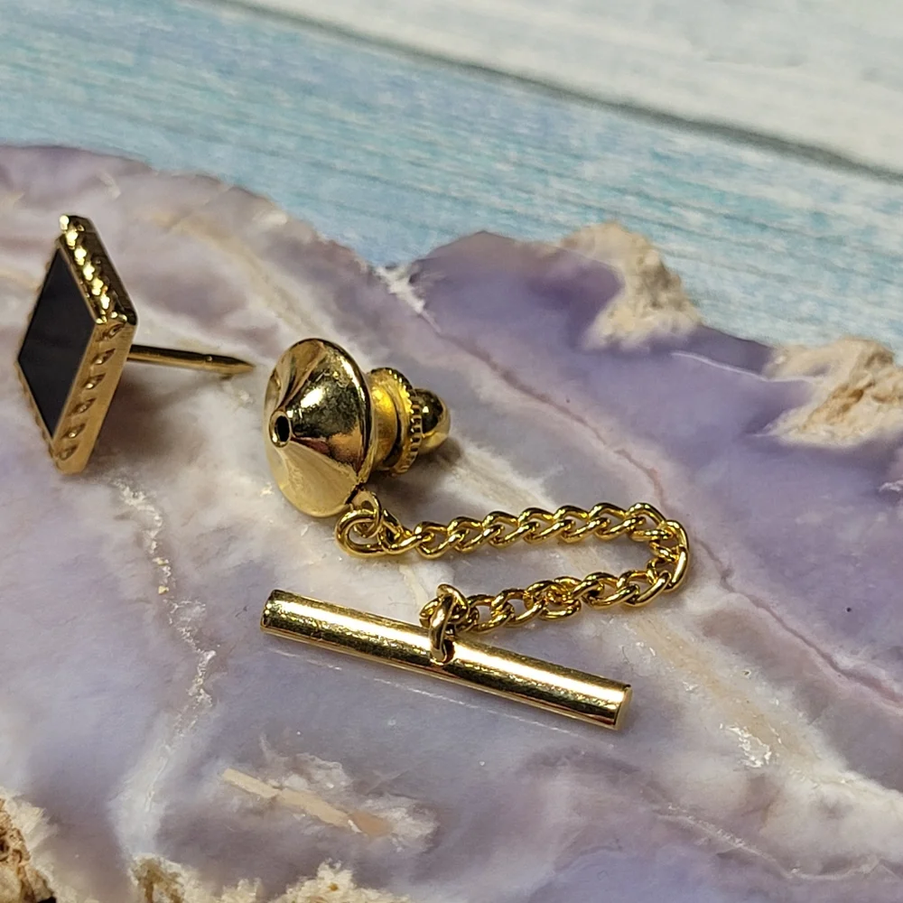 Black Enamel Square Tie Tack Clip.